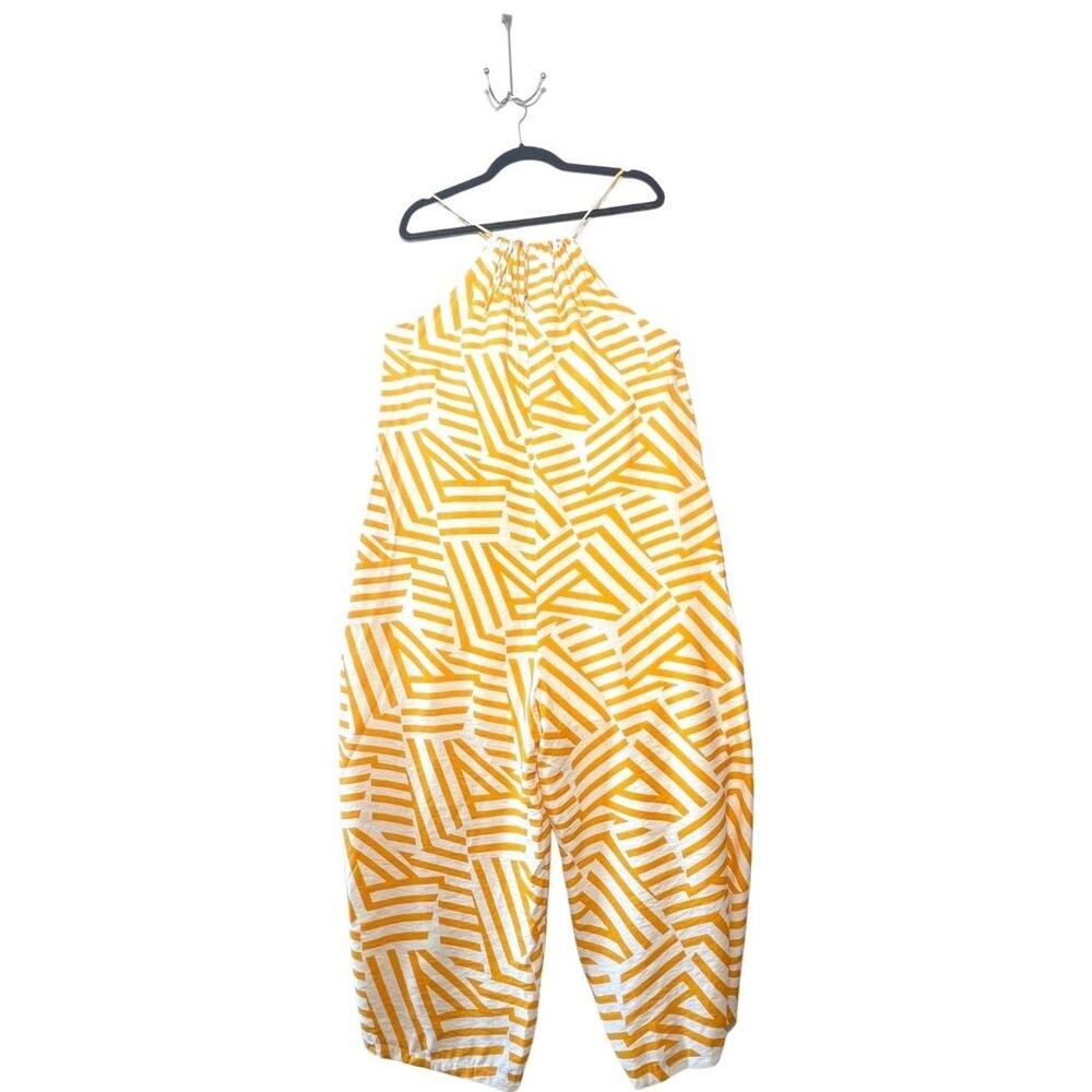Yellow and White Geometric Striped Halter Jumpsuit with Pockets Womens Size Lg